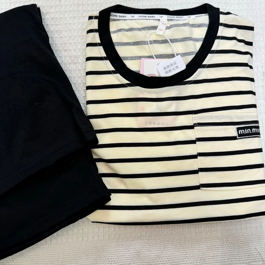 R575男士夏季套头条纹短袖+短裤+长裤三件套家居服