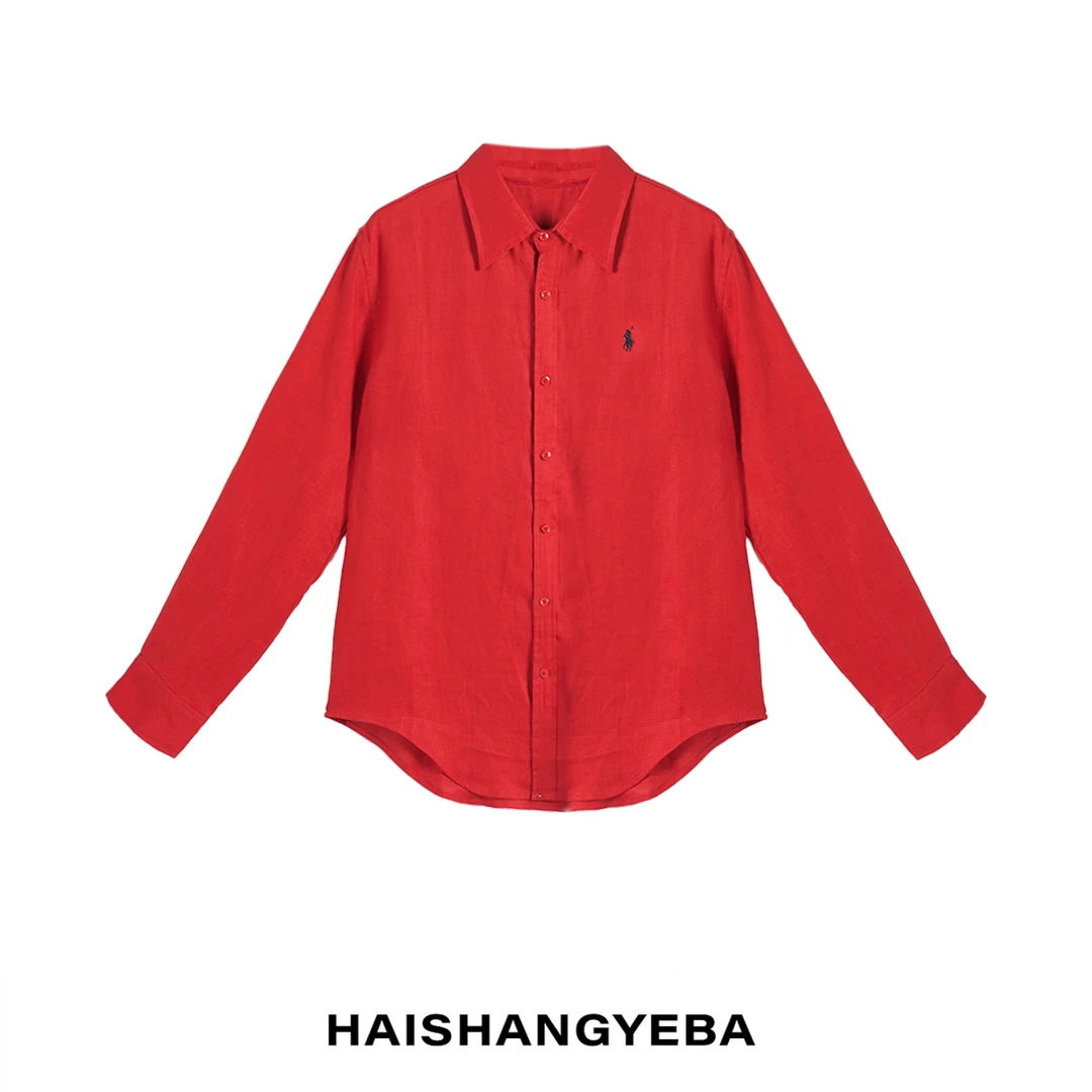 【海上叶爸】新款2025夏季百搭亚麻翻领宽松休闲长袖衬衫