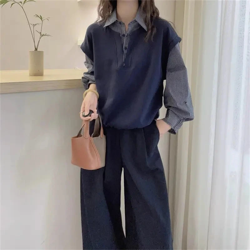 E572+E577韩系松弛感假两件复古格子衬衫百搭休闲裤两件套装女