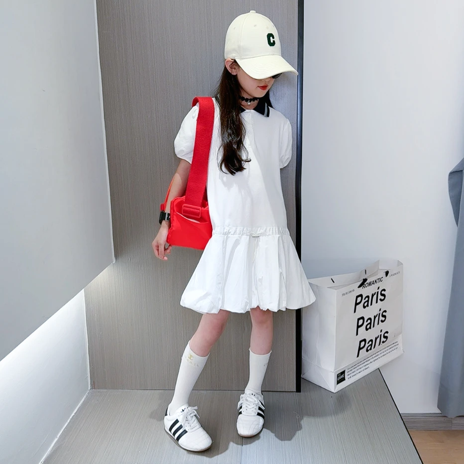 女童连衣裙夏装2025新款洋气女孩时尚学院风女大童休闲简约公主裙