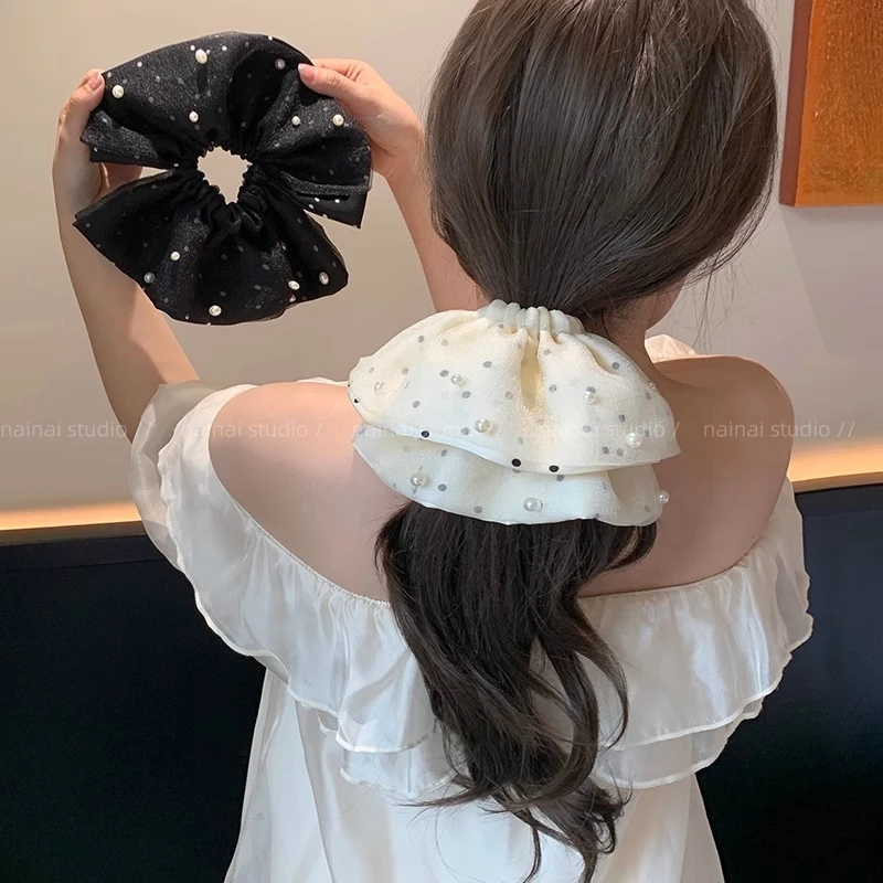 双面佩戴！泡泡纱截断波点大肠发圈~珍珠超大号低马尾丸子头发绳