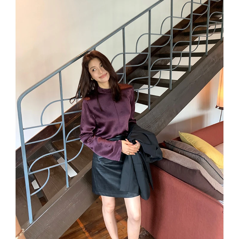 【ALONE SAVOR】龍喜儿潜叶微风 秋季简约纯色醋酸缎面小衫T185