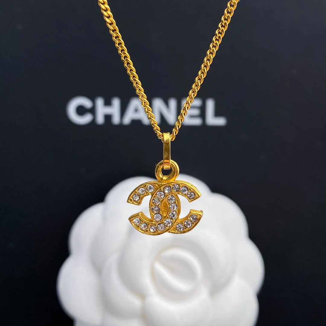 99新 Chanel/香奈儿 经典双C 中古金色镶钻珠项链 S4537