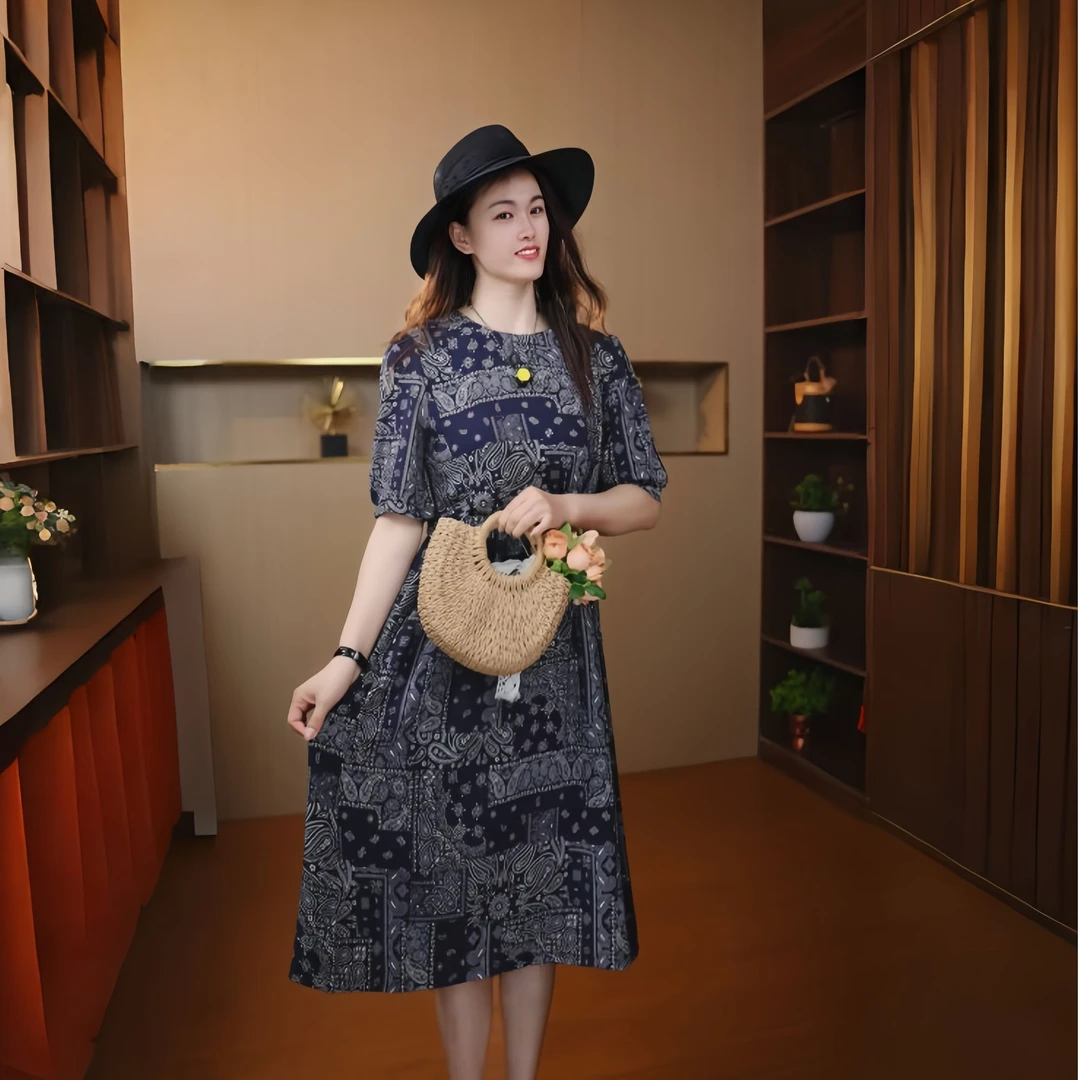 10368-夏季新款时尚洋气气质圆领中袖妈妈装连衣裙（依）