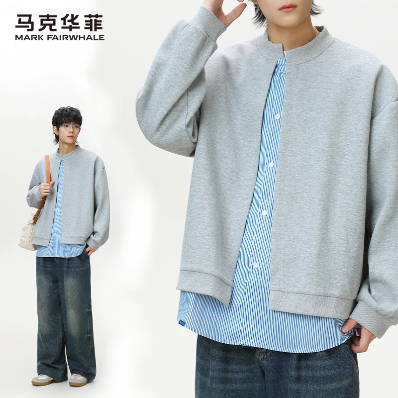 马克华菲美式复古条纹假两件开衫卫衣男士潮牌设计感慵懒宽松上衣