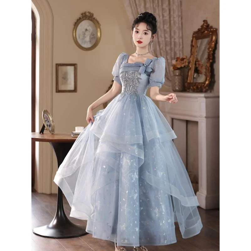 蓝色晚礼服女2025新款主持人毕业成人礼高级感艺考生日宴会轻礼服