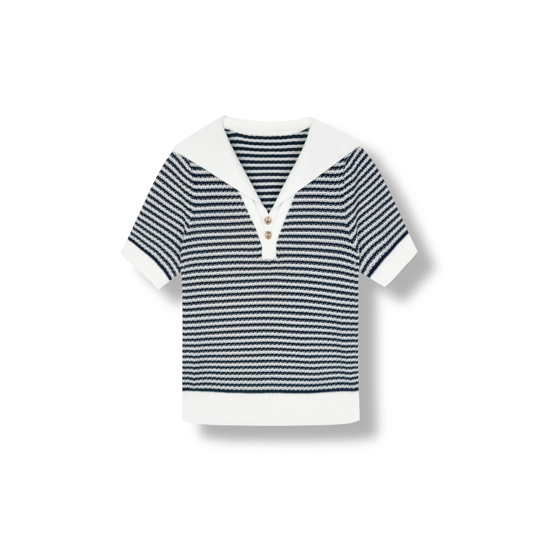 夏季新款条纹海军领撞色拼接针织衫气质款（KWFX31225）