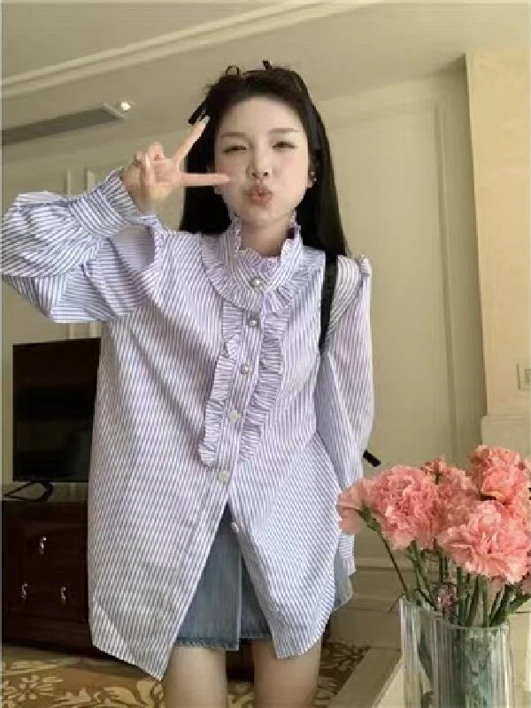 297秋季新款韩系学院风减龄气质木耳边花边设计感气质长袖衬衫女