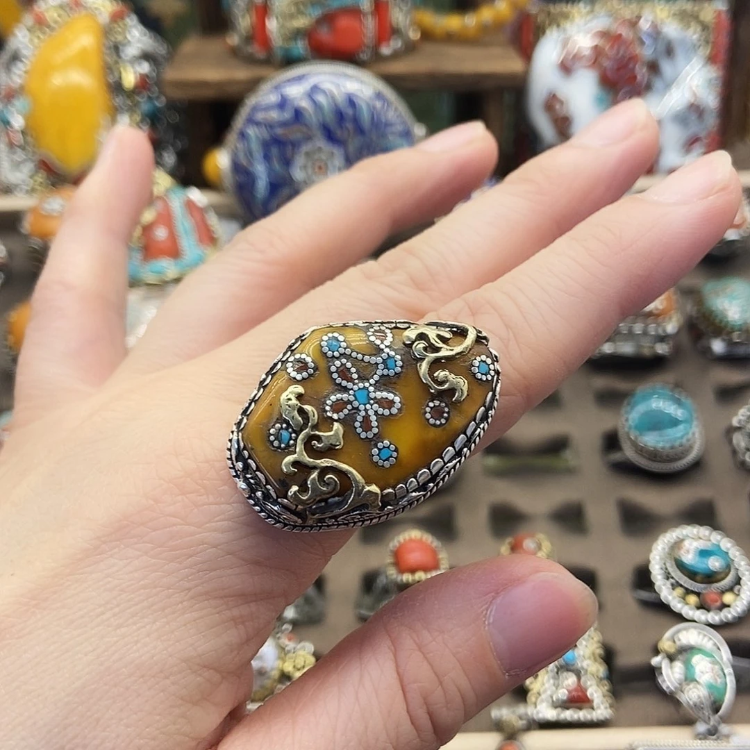 蜜蜡银S925镶嵌戒指