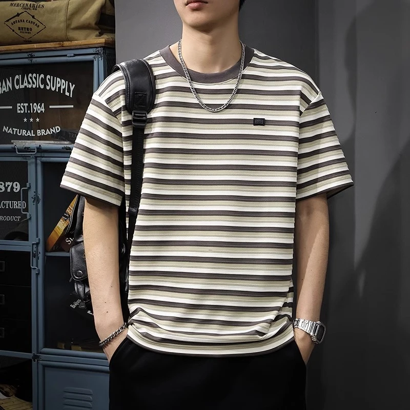 MR.MUDI/穆迪先生2025新款重磅条纹短袖T恤男夏半袖宽松加肥加大