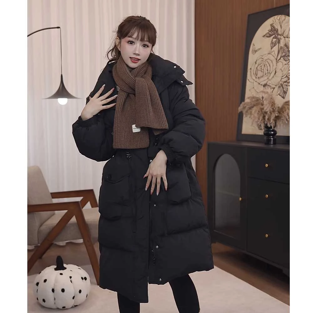 韩版羽绒服中长款气质手套款女百搭收腰加厚连帽韩版显瘦冬季外套