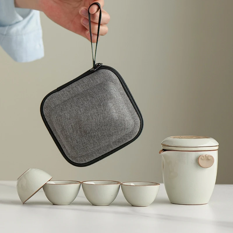 高档汝窑旅行茶具套装一人饮户外茶壶茶杯便携式功夫泡茶具快客杯