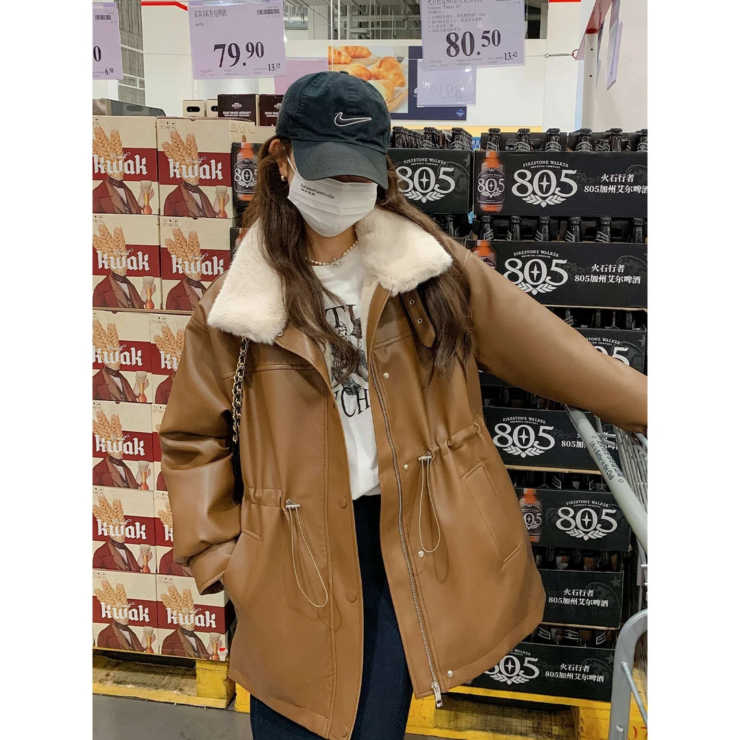 咖色加绒加厚大毛领皮衣外套2025新款女秋复古韩系冬派克棉服大衣