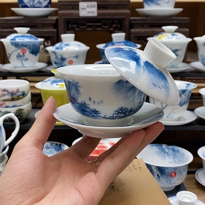手绘烟雨江南悬停盖碗150cc釉下彩微瑕福利款
