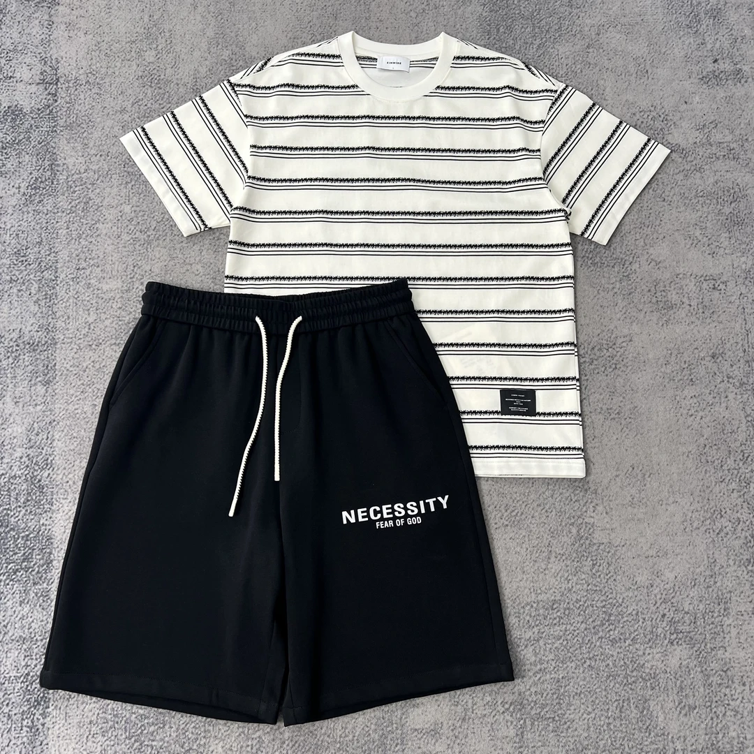 买一送一原创夏季男女百搭休闲套装宽松条纹短袖T恤+五分中短裤