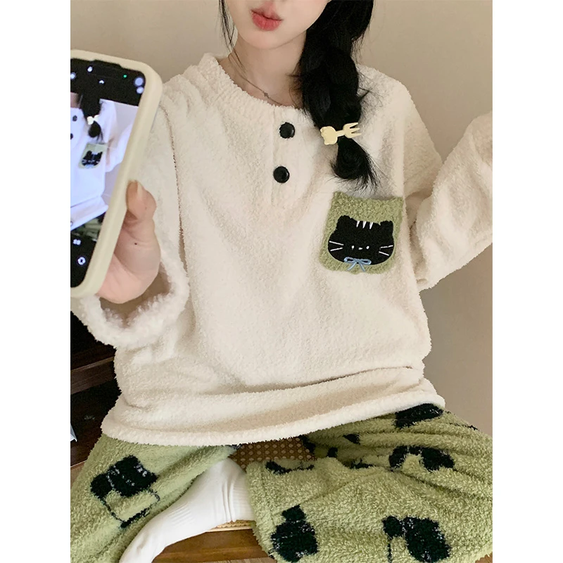 冬季半边绒睡衣女款加厚加绒珊瑚绒卡通可爱套装慵懒风保暖家居服