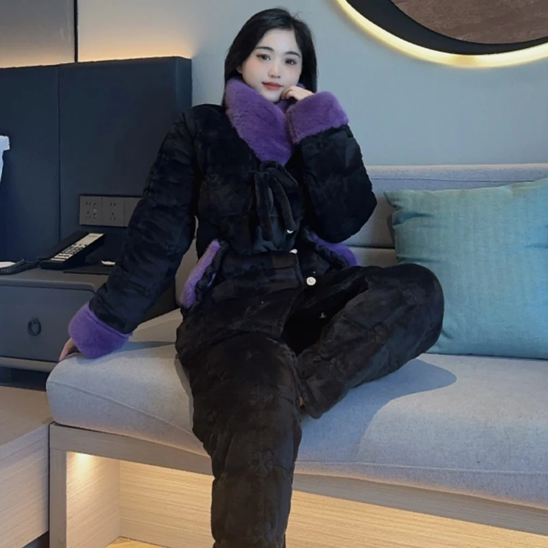 紫色领子三层夹棉珊瑚绒睡衣女士冬季加绒加厚保暖高级感家居服