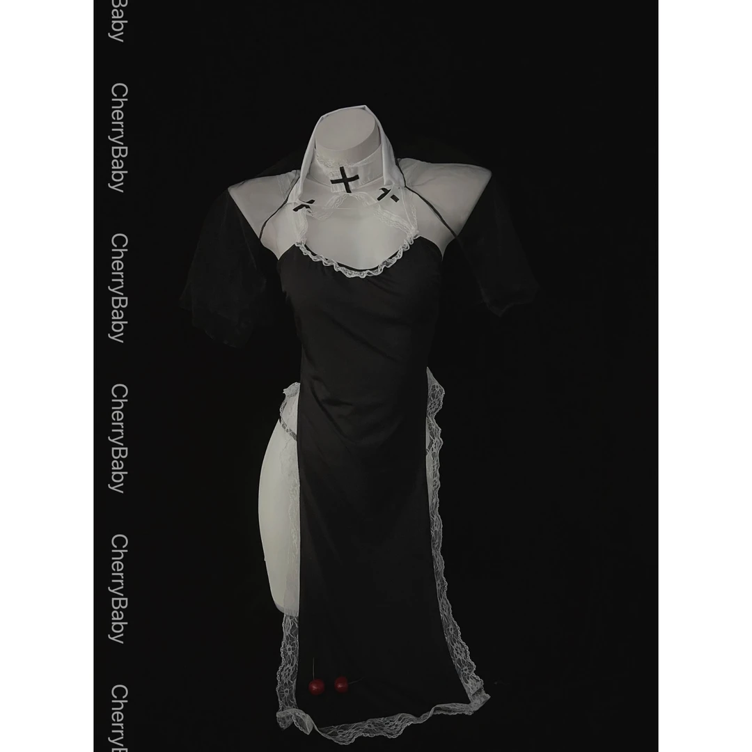 【万圣圣母】黑白蕾丝黑色修身长裙纯欲挂脖紧身性感复古长袖连衣裙