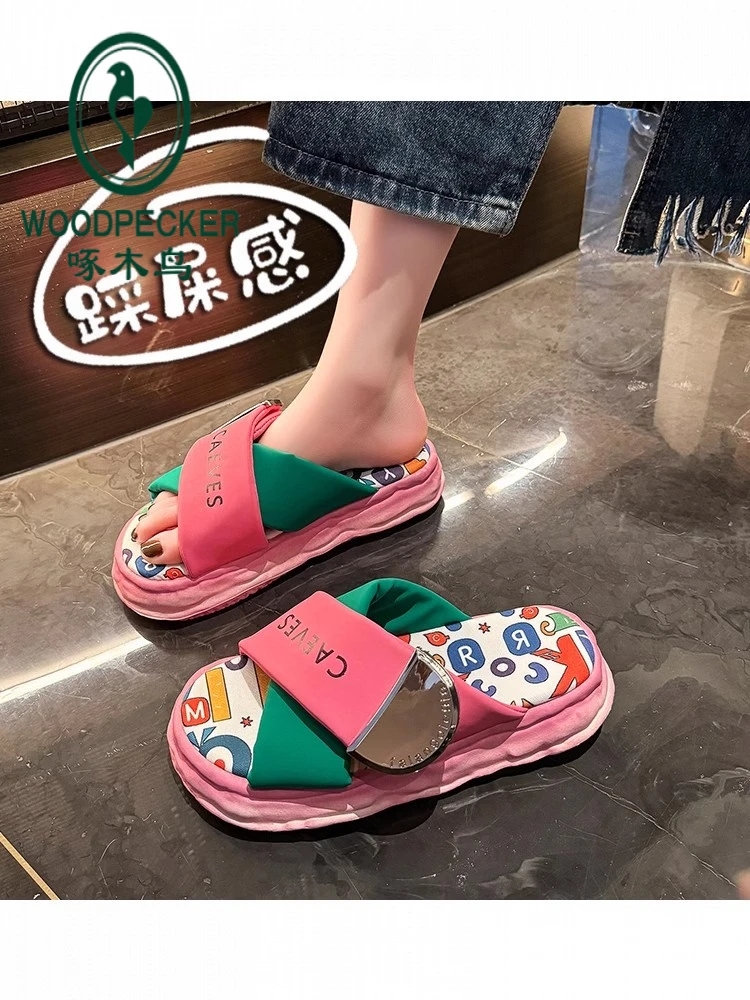 啄木鸟时尚涂鸦可爱厚底一字拖女外穿2025夏季新款网红魔术贴凉拖