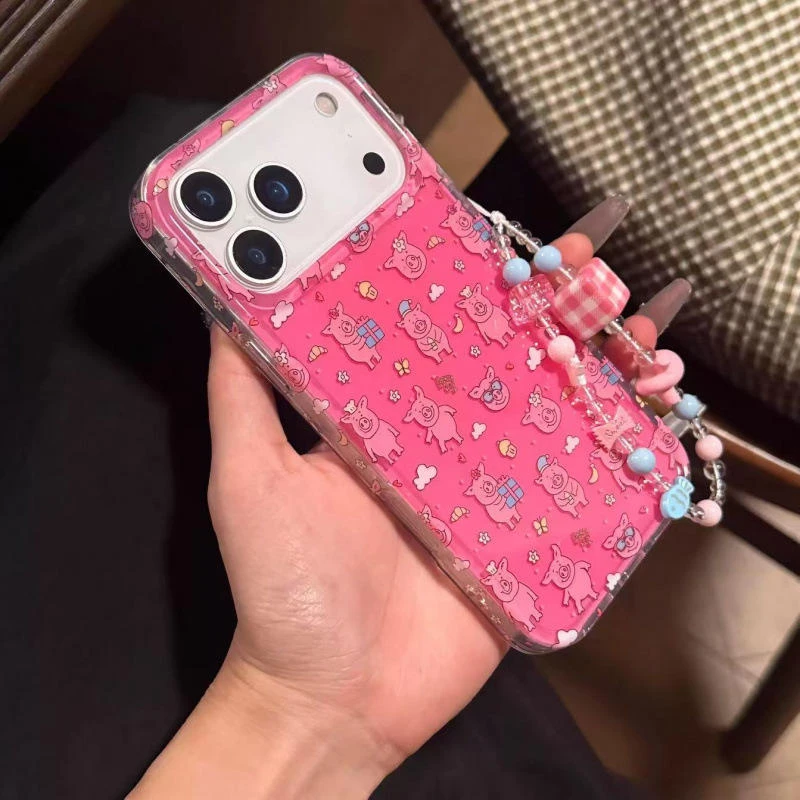 可爱玫粉色满屏甜品小粉猪链条适用iPhone17promax苹果16手机壳15