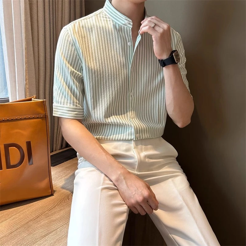 2025夏季泡泡纱五分袖条纹衬衣新中式立领休闲免烫中袖潮衬衫男士