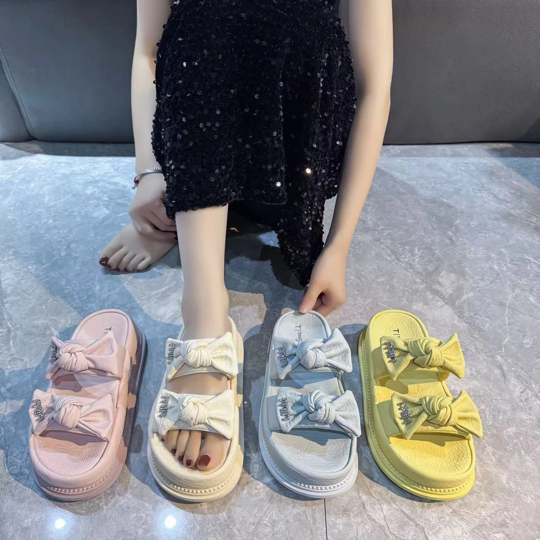 9210#蝴蝶结日常中跟沙滩一字带凉鞋韩版学生通勤风清凉感休闲