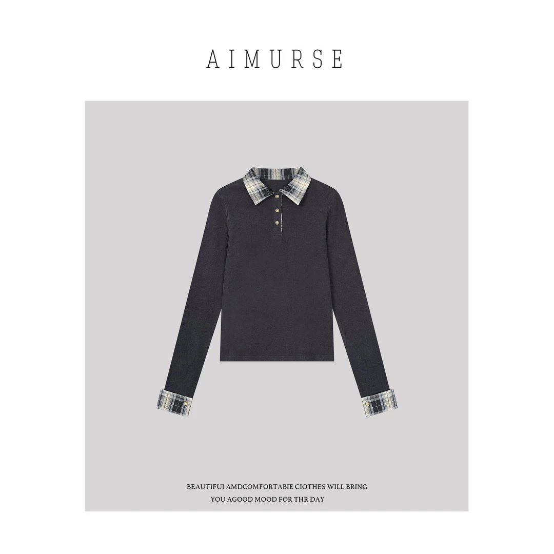 AIMURSE【云糯】小众设计师 磨毛高质感格子Polo领休闲T恤 AM80035
