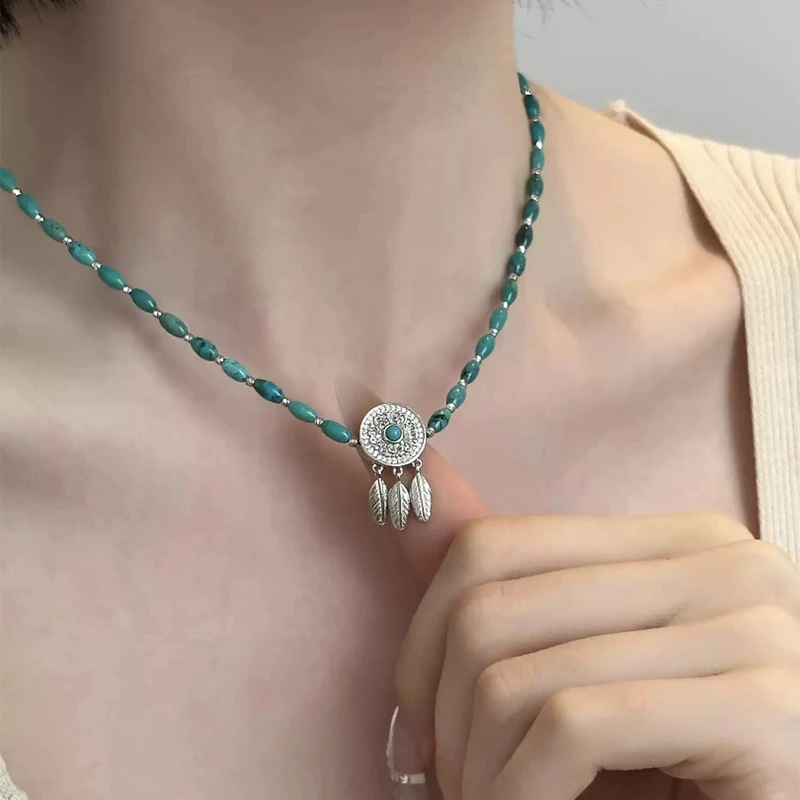 链子925银 N18399<秋梦>蓝色串珠羽毛流苏吊坠项链多样性发