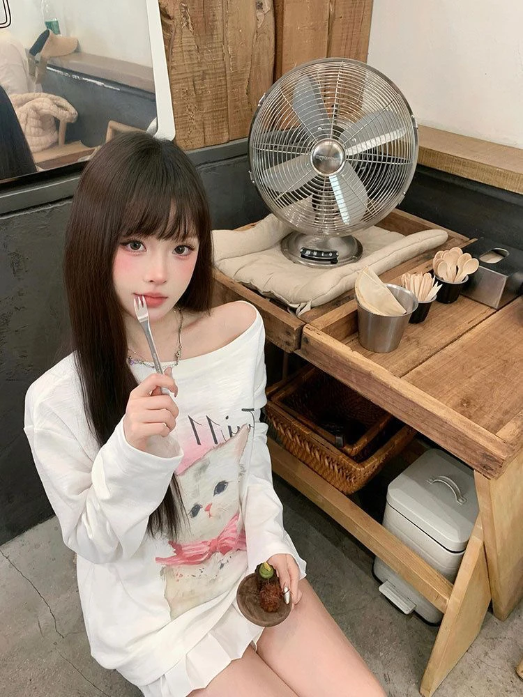 港风chic白色竹节棉可爱猫咪长袖t恤女春秋宽松学院风百搭上衣潮