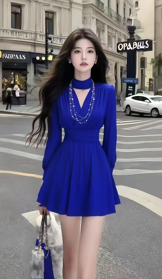 轻奢时尚优雅气质短裙蓝色圆领长袖收腰显瘦小众设计高级感连衣裙