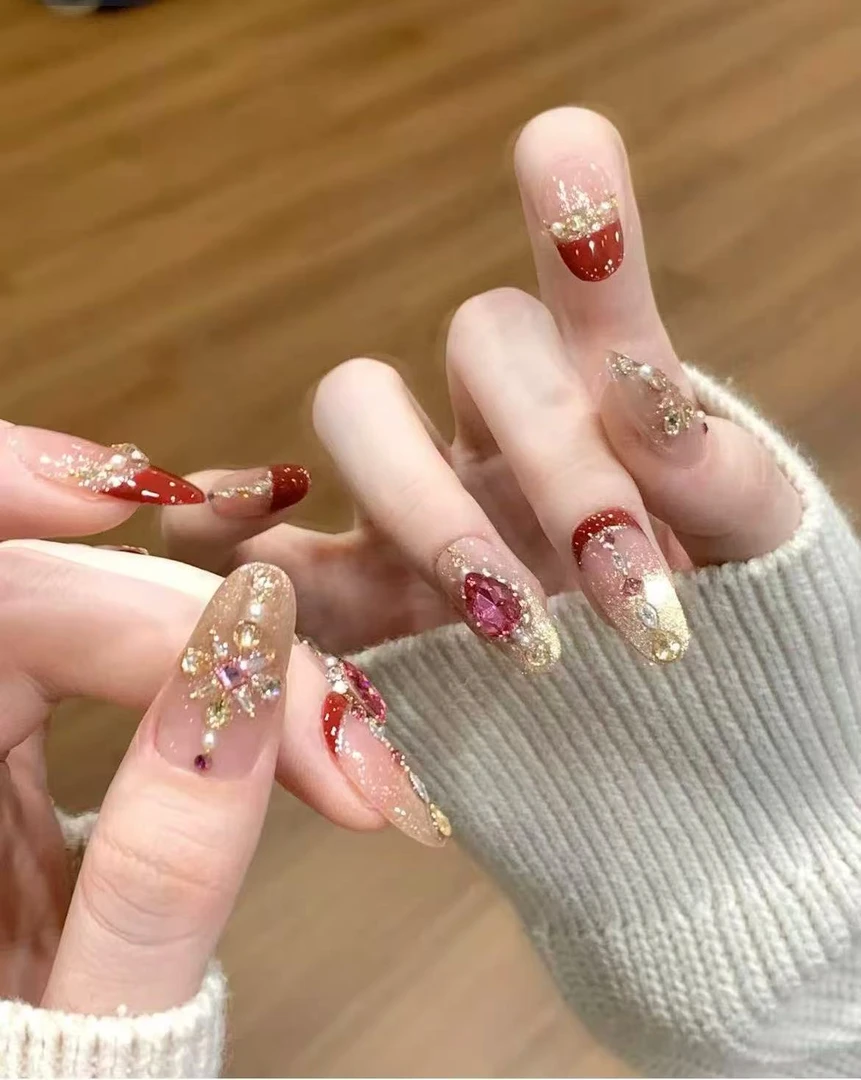 珐琅朱砂红宫廷百搭精致婚甲美甲店手工穿戴甲-可重复佩戴-10片