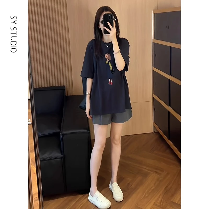 2025年夏季新款韩版时尚卡通印花日常百搭通勤简约短袖短裤两件套