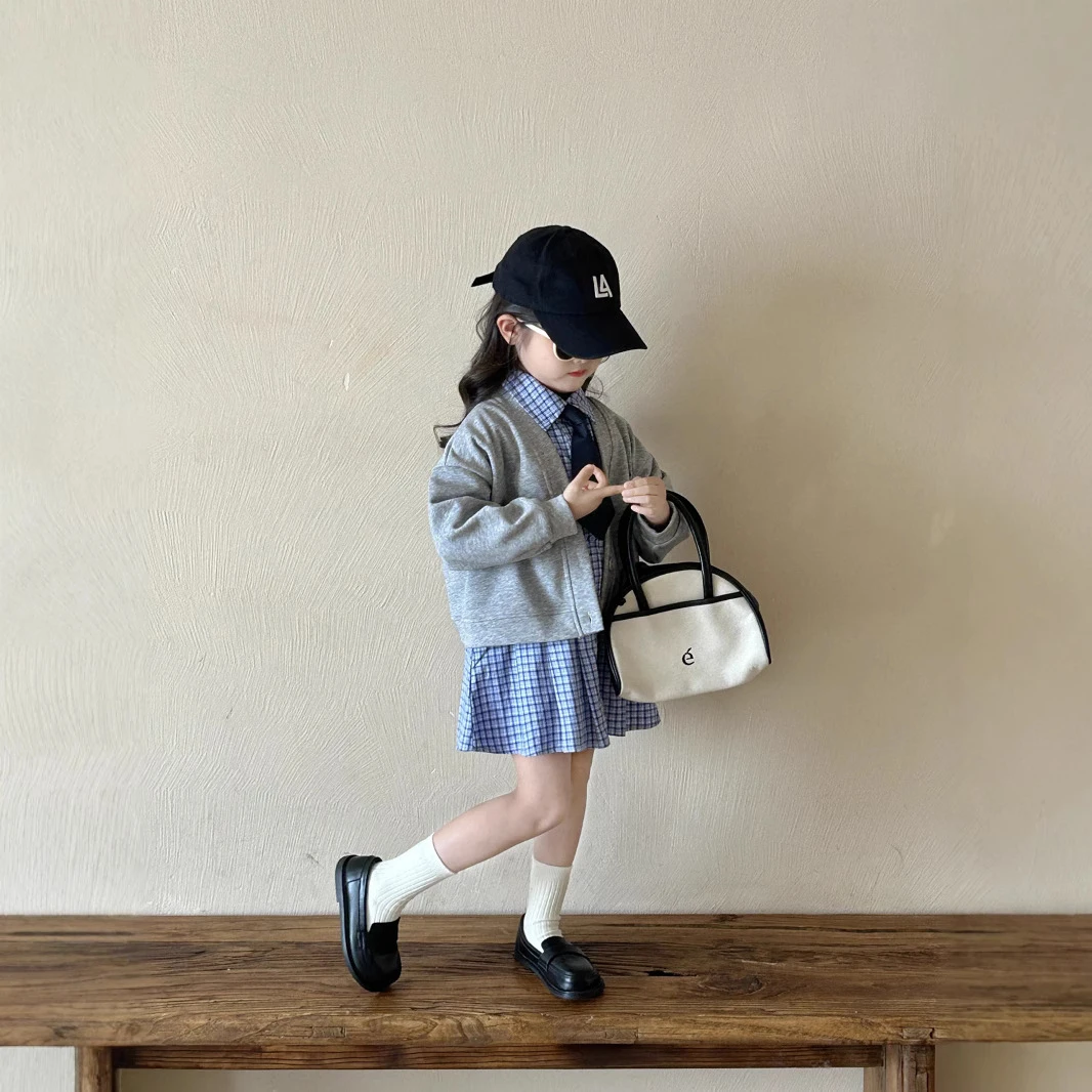 2025春季新款韩版外套中小女童单排扣外套休闲领带格子连衣裙