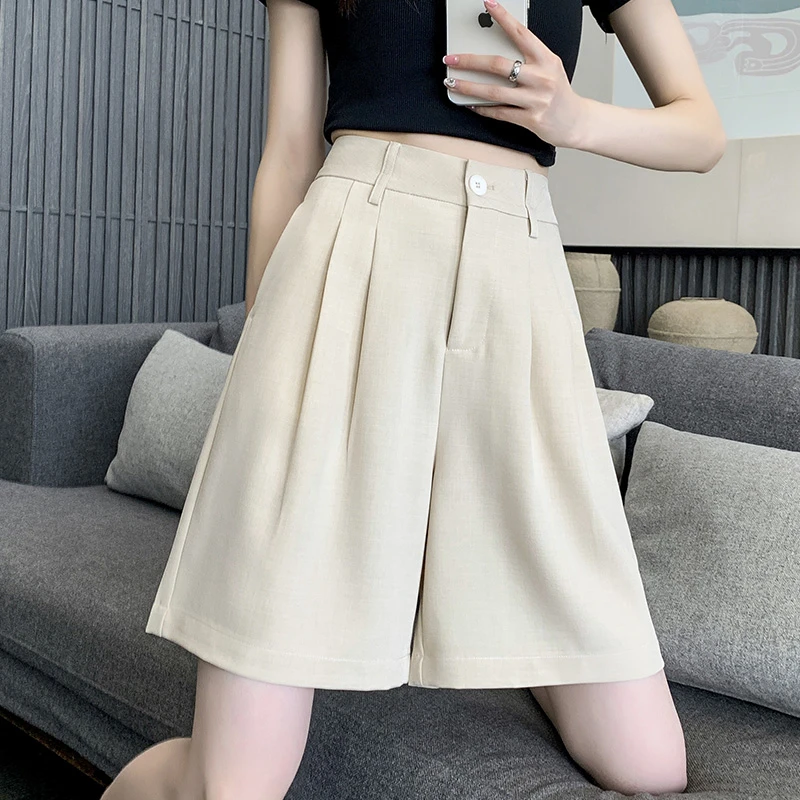 棉麻西装短裤女夏薄款2025新款高腰宽松直筒显瘦阔腿5分五分中裤