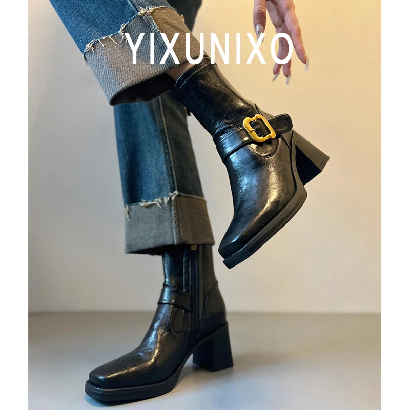 羊皮版~静音底复古粗高跟方头短靴女防水台瘦瘦靴增高显瘦马丁靴