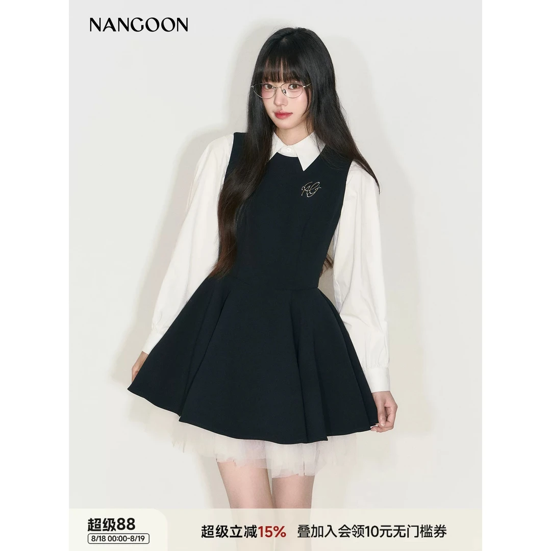 NANGOON 设计小众设计感无袖网纱撞色赫本公主风秋季连衣裙8506欧
