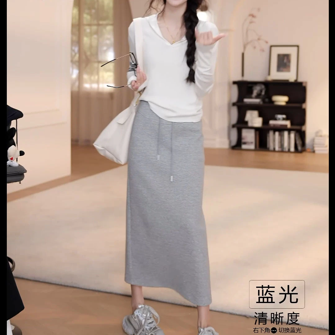 2025春夏新款连帽长袖T恤衫+抽绳休闲半身裙时尚两件套LK2501928