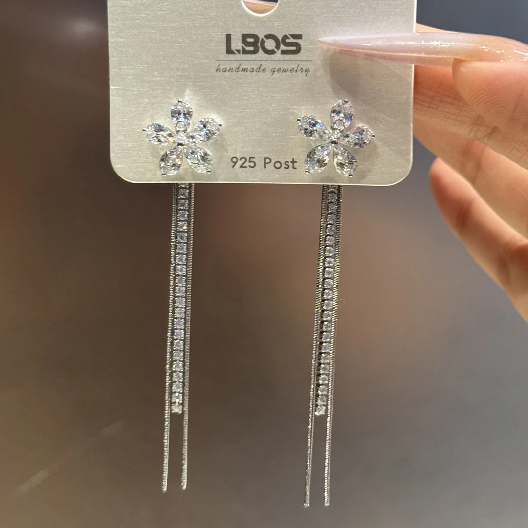 铜合金锆石耳饰 新款精致花朵长款两戴流苏耳环时尚女气质高级感