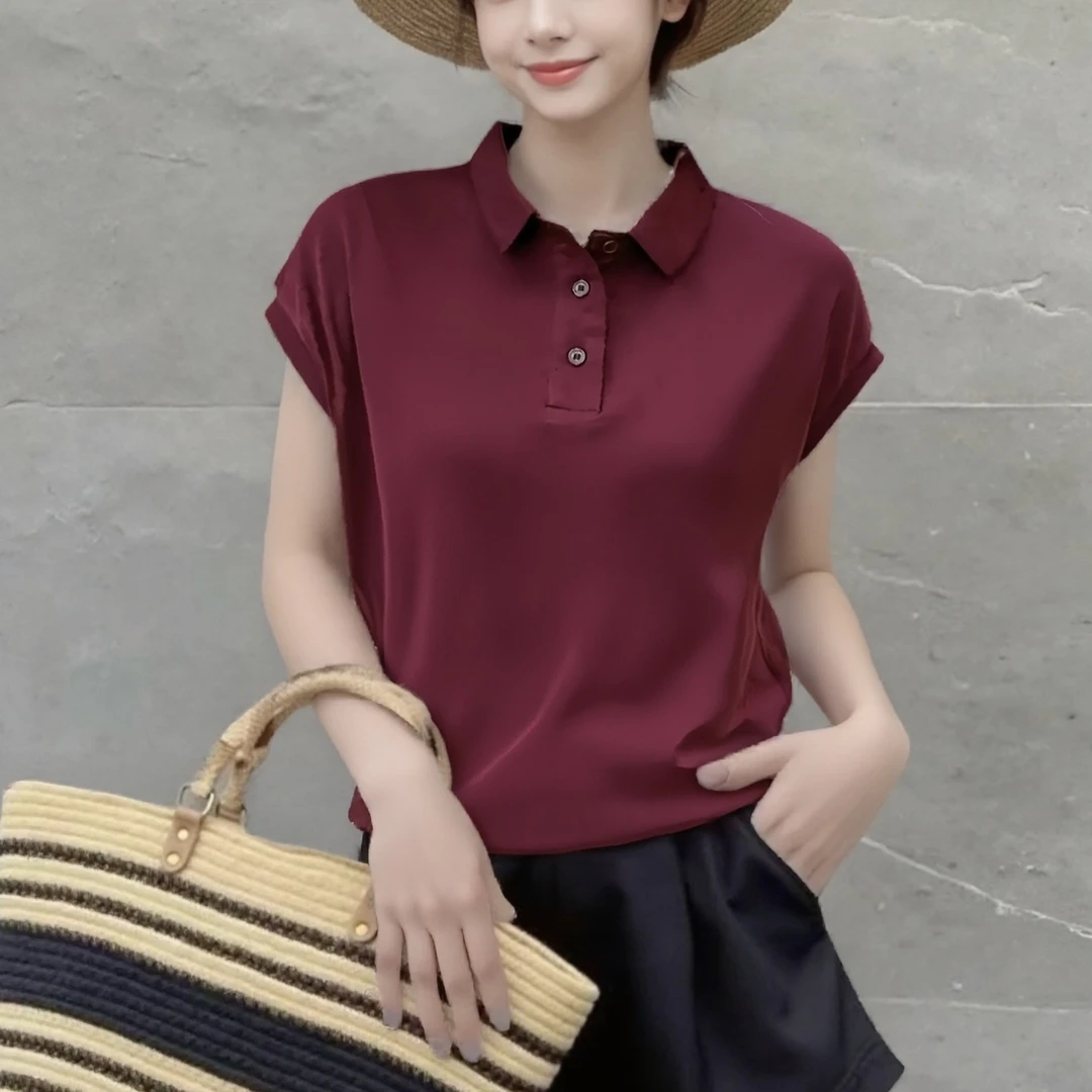 夏季时尚洋气百搭宽松polo领简约休闲女装纯色上衣显瘦气质女士