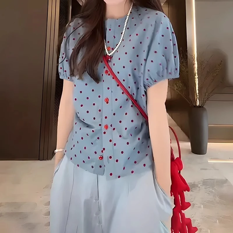 高级感波点衬衫夏季薄款胖MM大码女装洋气时尚设计感收腰短袖上衣