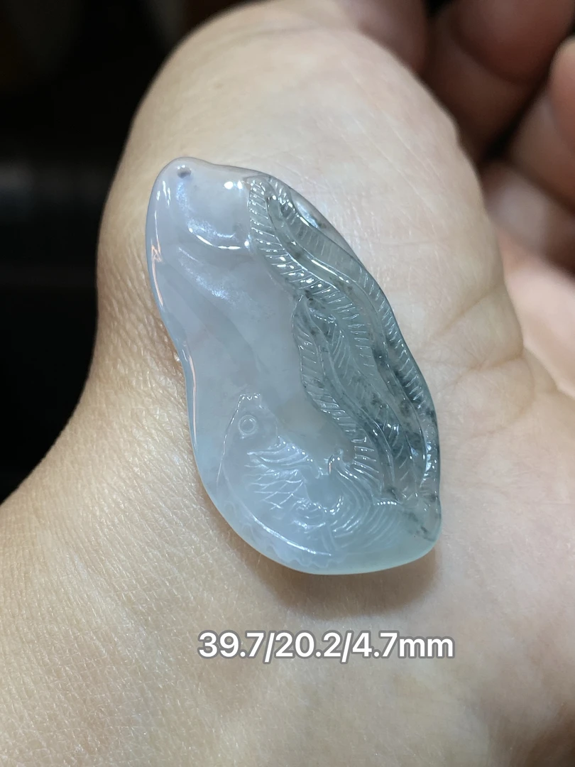 缅甸翡翠A货冰种飘花连年有鱼余吊坠挂件项坠天然玉石精雕刻包邮