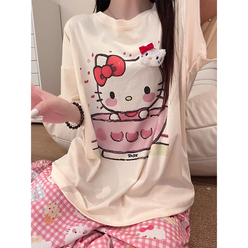 少女可爱卡通凯蒂猫印花睡衣女夏季新款短袖长裤家居服套装可外穿