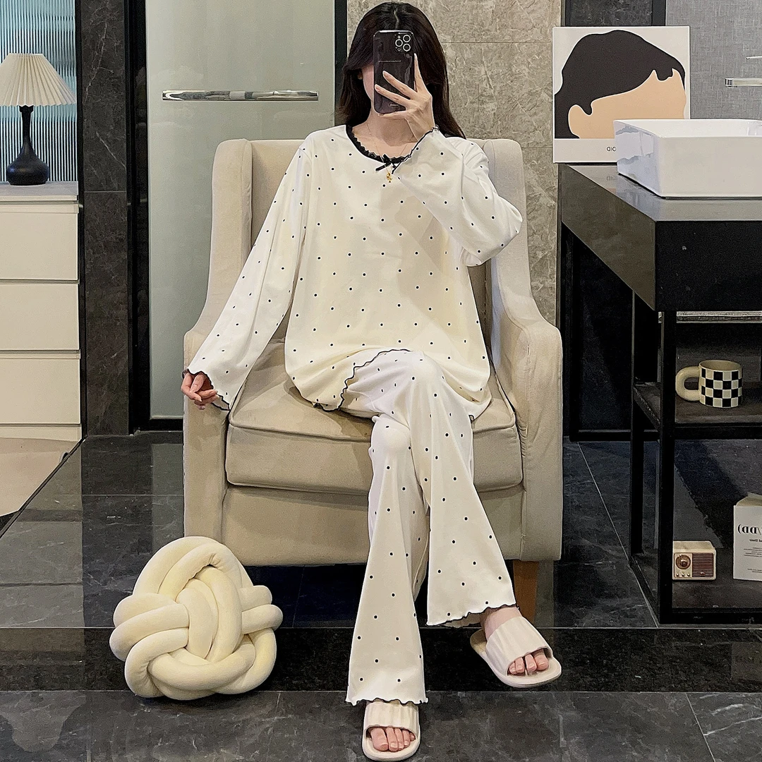 春秋季睡衣女士长袖大码德绒2025新款加厚保暖杏色圆点套装家居服