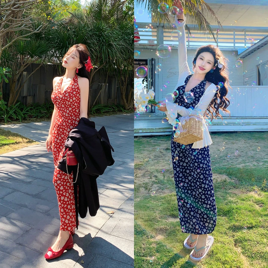 陈六六CHENLIULIU【伊甸梦境】法式风情碎花v领挂脖连衣裙