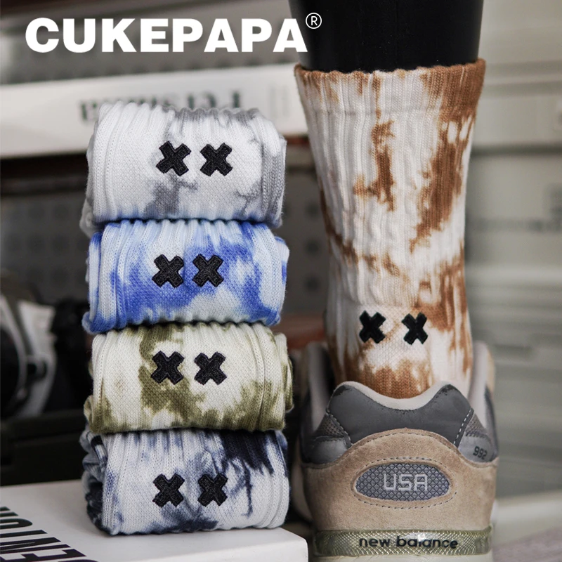 春秋扎染袜子男中筒彩色渐变长袜高街潮流刺绣街潮运动堆堆袜