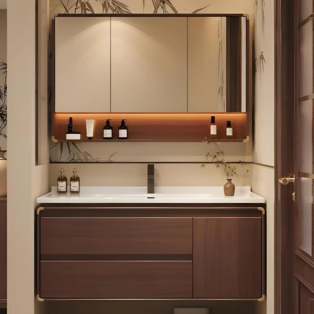 新中式手绘橡木烤漆浴室柜陶瓷一体盆浴室柜组合洗手洗脸盆洗漱台