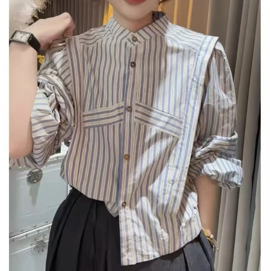 2025春新款条纹立领长袖衬衫女时尚洋气衬衣外套短款气质上衣潮