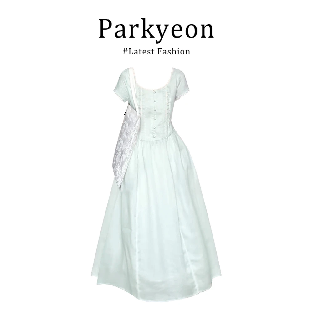 parkyeon法式优雅薄荷绿蕾丝花边爆款连衣裙轻奢收腰气质公主长裙