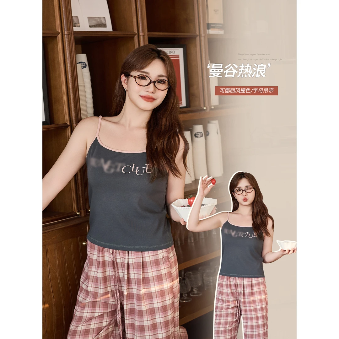 韩系软糯甜美撞色字母印花吊带女胖mm大码内搭修身显瘦背心新款爆