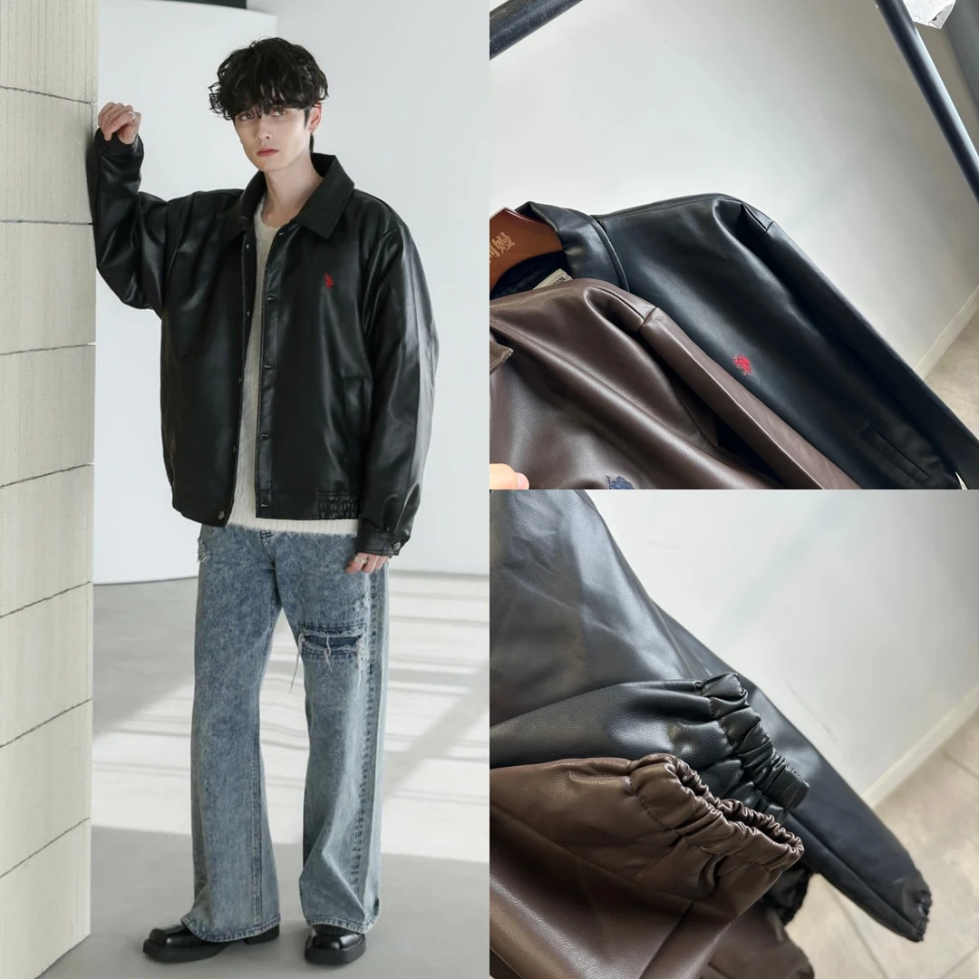外贸男士宽松翻领外套皮衣春秋时尚夹克2897
